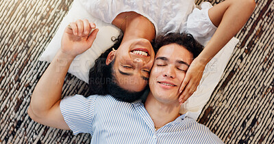 Buy stock photo Love, smile and above of couple on floor for valentines day, romance and bonding. Relationship, care and happiness with man and woman in living room of home for support, connection and relax