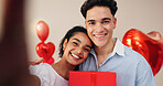 Romance, gift and couple with selfie on valentines day for love relationship, profile picture or happy together. Portrait, people or photography with present for social media update, loyalty or care