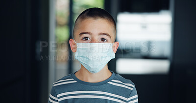 Buy stock photo Sick, kid and portrait with mask in home for virus transmission, disease prevention and health precaution. Boy child, face protection and medical risk with respiratory illness or influenza infection