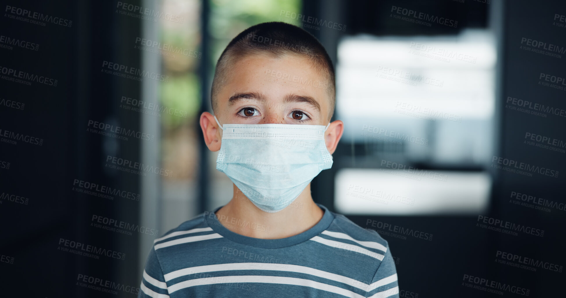 Buy stock photo Sick, kid and portrait with mask in home for virus transmission, disease prevention and health precaution. Boy child, face protection and medical risk with respiratory illness or influenza infection
