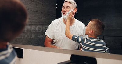 Buy stock photo Mirror, kid and dad with shaving cream in home for teaching skincare, hair removal lesson and help with grooming. Reflection, learning and people with foam application for face hygiene and bonding