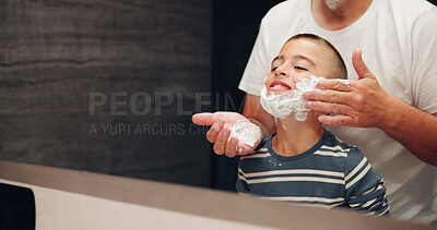 Buy stock photo Shaving, child and dad with foam in mirror for teaching skincare, grooming practice and hair removal lesson. Reflection, learning and person with face cream application for routine or bonding in home