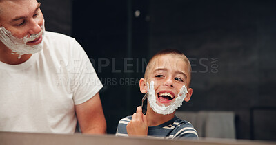 Buy stock photo Mirror, dad or child learning to shave with spoon for grooming practice, hair removal lesson or safety. Reflection, teaching or person with face cream for skincare routine or wellness support in home