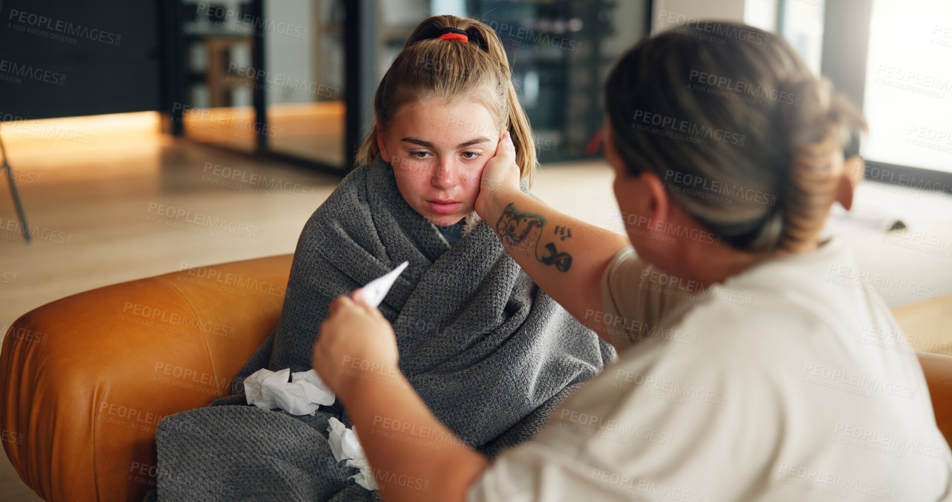 Buy stock photo Sick girl, mom or fever with thermometer on sofa for illness, influenza or virus at home. Teenager, mother and daughter with checkup or temperature for viral infection, healthcare or results at house