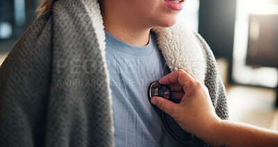 Buy stock photo Sick person, hands and heart rate with stethoscope for checkup, vital diagnosis or examination at home. Closeup, patient and doctor with medical tool for listening, blood pressure or cardiac exam