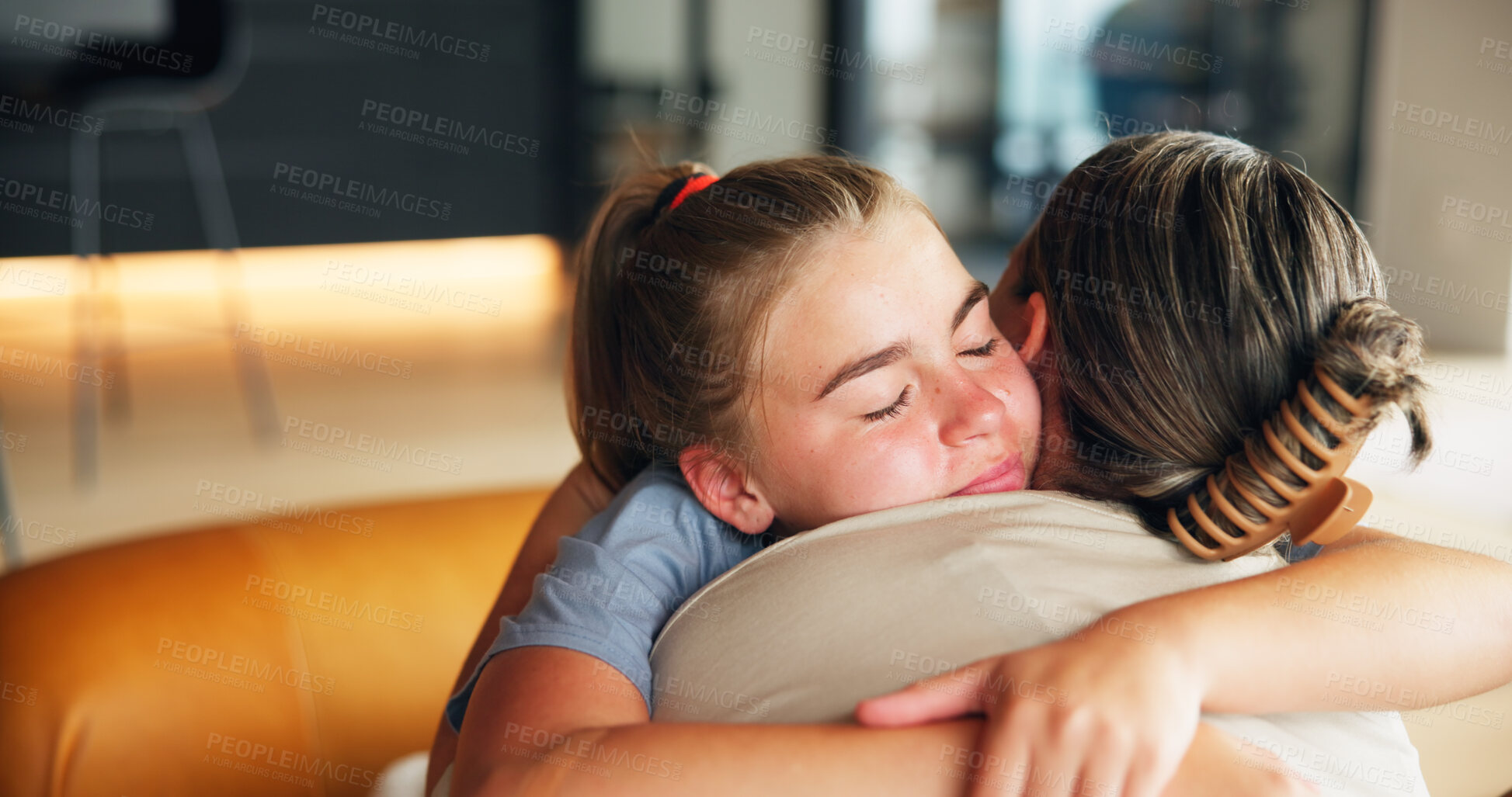 Buy stock photo Girl, mom and love with hug on sofa for embrace, comfort or care together in living room at home. Teenager, relief and holding mother with gratitude for thank you, appreciation or support at house