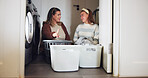 Happy mom, daughter or laundry with lesson for cleaning, chores or sorting clothing at home. Mother, teenager and helping with tips or washing machine for hygiene, assistance or housekeeping together