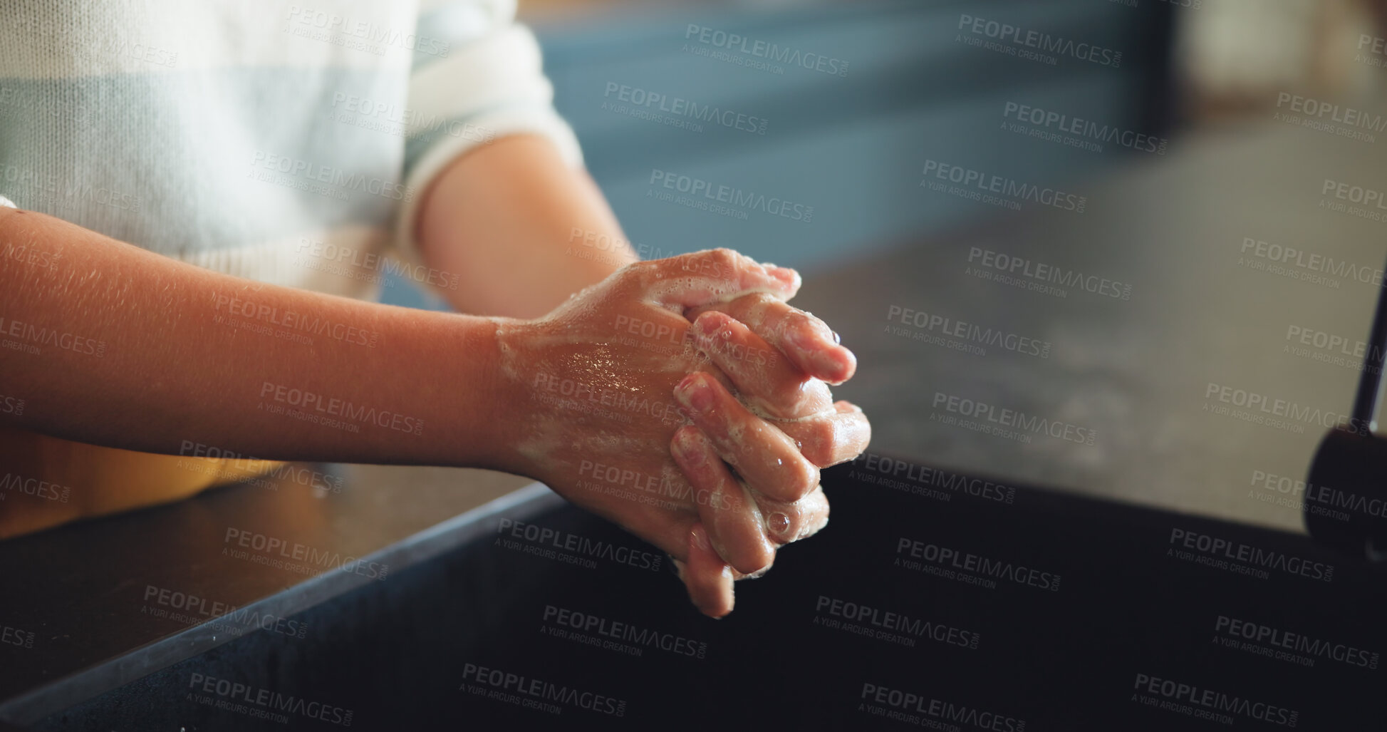 Buy stock photo Person, hands and washing with soap for cleaning, rinse or bacteria and germ removal at home. Closeup, cleaner or maid with disinfectant or handwash in sink for skincare, anti bacterial at house