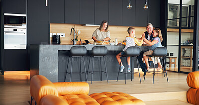 Buy stock photo Morning, happy and breakfast with family in kitchen for nutrition, bonding and conversation. Healthy food, meal and eating with parents and children at home for love, support and wellness together