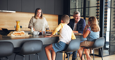 Buy stock photo Parents, children and eating breakfast in kitchen with healthy food, conversation and bonding together. Happy family, people and kids with lunch meal in home for wellness, relationship and nutrition