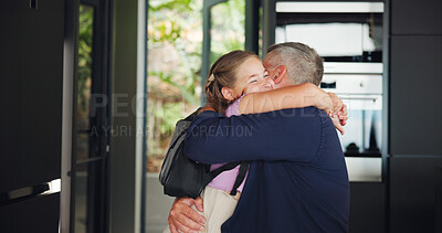 Buy stock photo Father, child and hug for school in home with with greeting, education support or morning routine. Family, man or girl with backpack for goodbye embrace, affection and leaving with connection or love