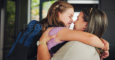 Buy stock photo Mother, child and hug for school in home with greeting, education support or morning routine. Family, woman or girl with backpack for goodbye, affection and leaving with learning preparation or love