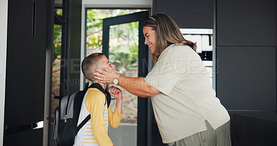 Buy stock photo Mother, child and ready for school in home with greeting, education support or morning routine. Family, woman or boy with backpack for goodbye, affection and leaving with learning preparation or love