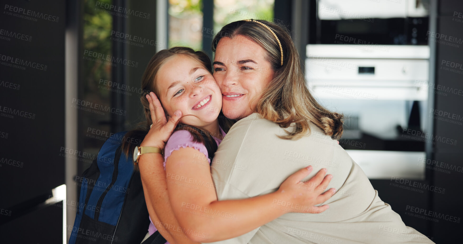Buy stock photo Mother, girl and hug for school in home with goodbye, affection and education support. Morning routine, woman or kid with backpack for greeting, embrace and leaving with learning preparation or love