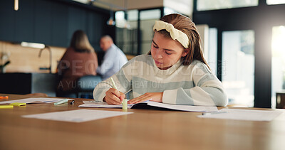 Buy stock photo Writing, homework and child in home with notes for remote learning, education and lesson. School, studying and young girl with assessment, quiz and assignment for knowledge, exam and scholarship