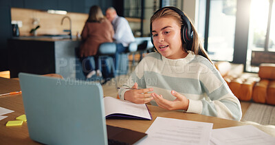 Buy stock photo Virtual class, answer and child in home on laptop for online learning, education and lesson on website. School, video call and young girl on computer with question for assessment, knowledge and quiz