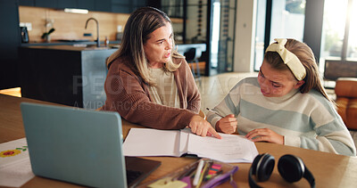 Buy stock photo Mom, girl and scold with homework, stress or question with point, warning or sign with elearning. Child, mother and daughter with book, education or frustrated for teaching for answer in family house