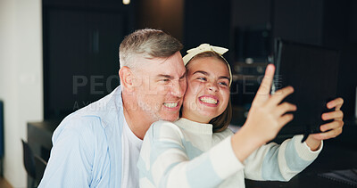 Buy stock photo Father, daughter or silly face with selfie for photography or picture together at home. Happy dad, teenager or girl with smile, comedy or goofy humor for memory, capture or social media post at house