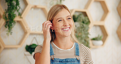 Buy stock photo Woman, happy or florist thinking of plant growth, agriculture or eco friendly business in store. Creative ideas, female person or environmentalist with smile for flower shop, startup or agro service