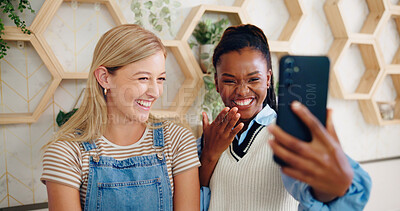 Buy stock photo Happy women, friends and picture with selfie for memory, photography or social media at hotel. Female people, employees or joy with smile for post, network or capture moment at eco friendly resort