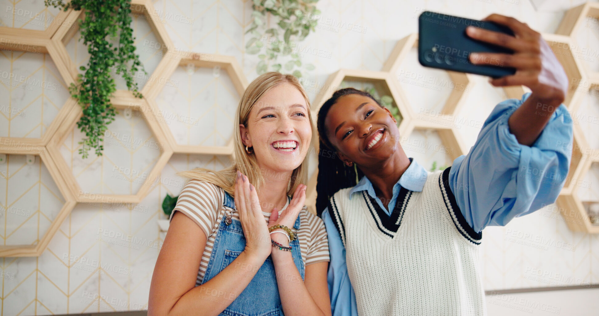 Buy stock photo Happy women, friends and picture with selfie for photography, memory or social media at hotel. Female people, employees or joy with smile for post, network or capture moment at eco friendly resort