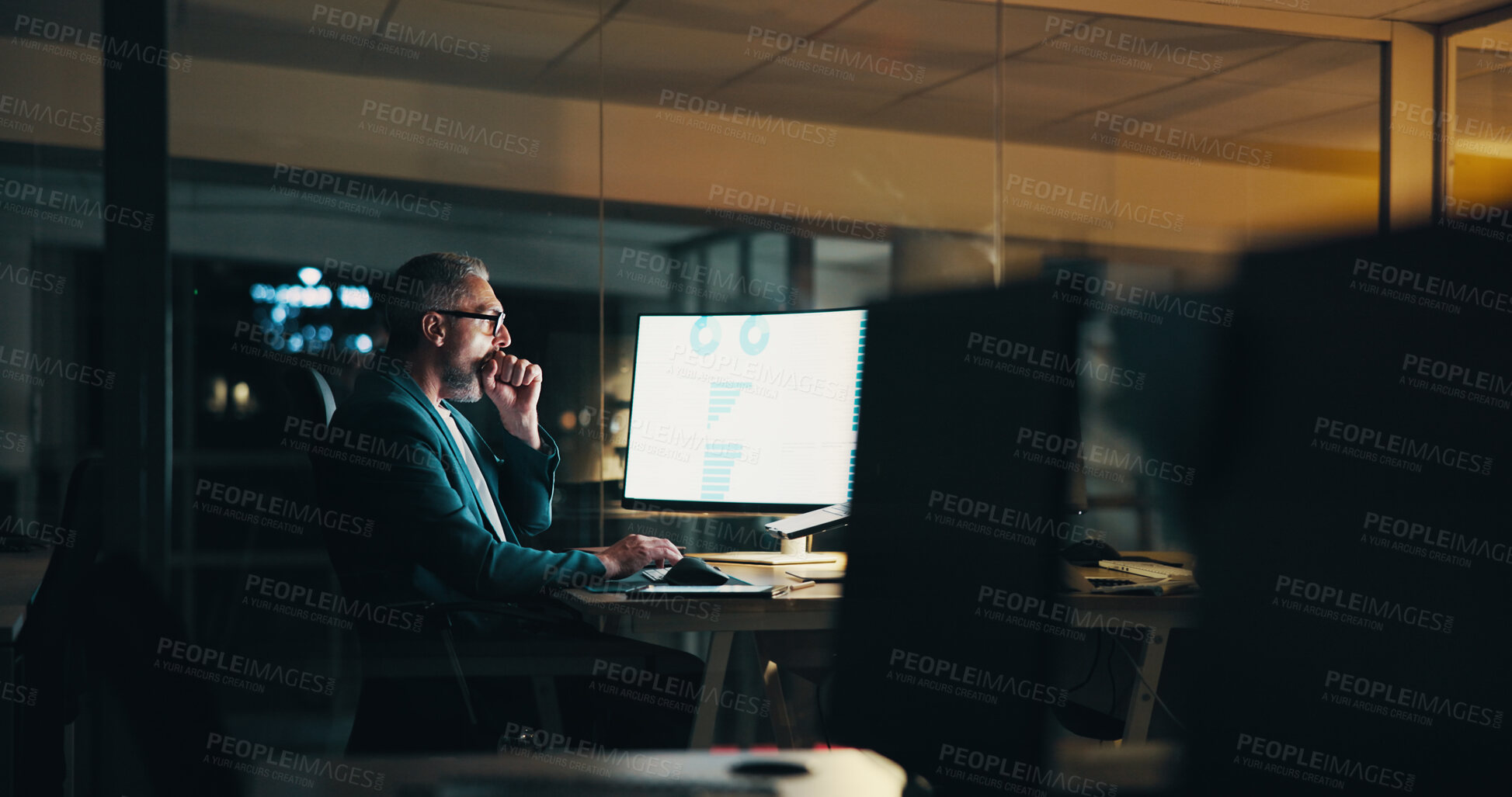 Buy stock photo Computer screen, night and yawn with business man in office for international investment management. Exhausted, fatigue and tired with financial broker at desk in workplace for stock market trading