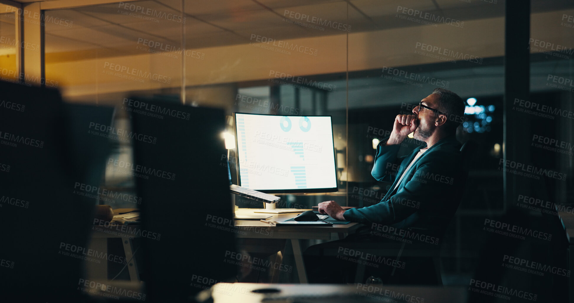 Buy stock photo Computer screen, fatigue and yawn with business man in office for international investment management. Exhausted, night and tired with financial broker at desk in workplace for stock market trading