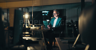 Buy stock photo Mature man, night and tablet in workplace, financial consultant and online for trading trend. Accounting, expert advisor and email international client for update on stock, report deadline and chat