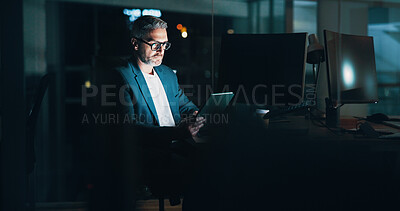 Buy stock photo Mature man, night and tablet at desk, financial consultant and online for trading trend. Accounting, expert advisor and email international client for update on stock, report deadline and contact