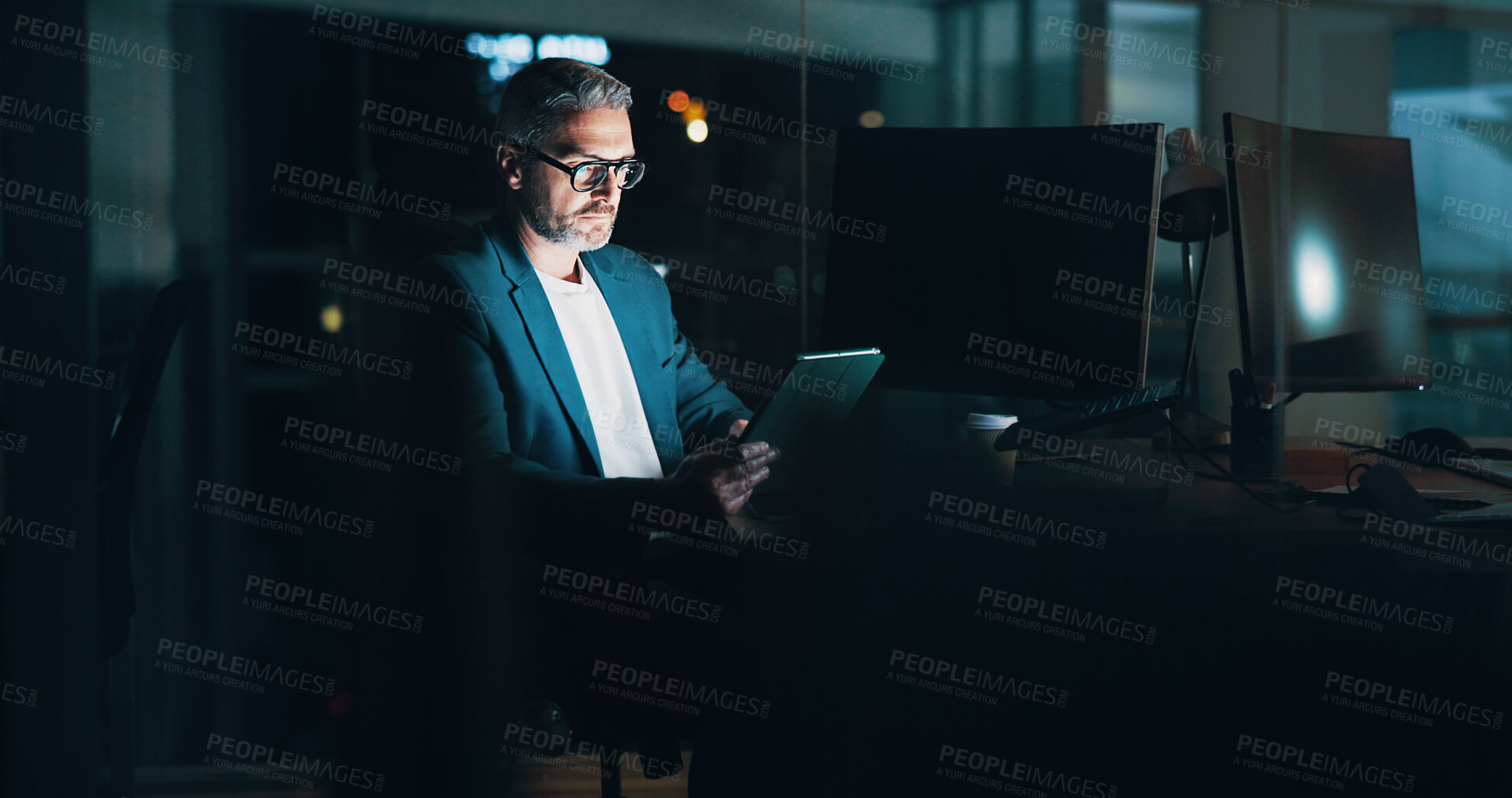 Buy stock photo Mature man, night and tablet at desk, financial consultant and online for trading trend. Accounting, expert advisor and email international client for update on stock, report deadline and contact