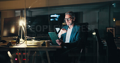 Buy stock photo Man, night and news on tablet in office, financial consultant and online for trading report. Success, expert advisor and email international client for update on stock, deadline and investment profit