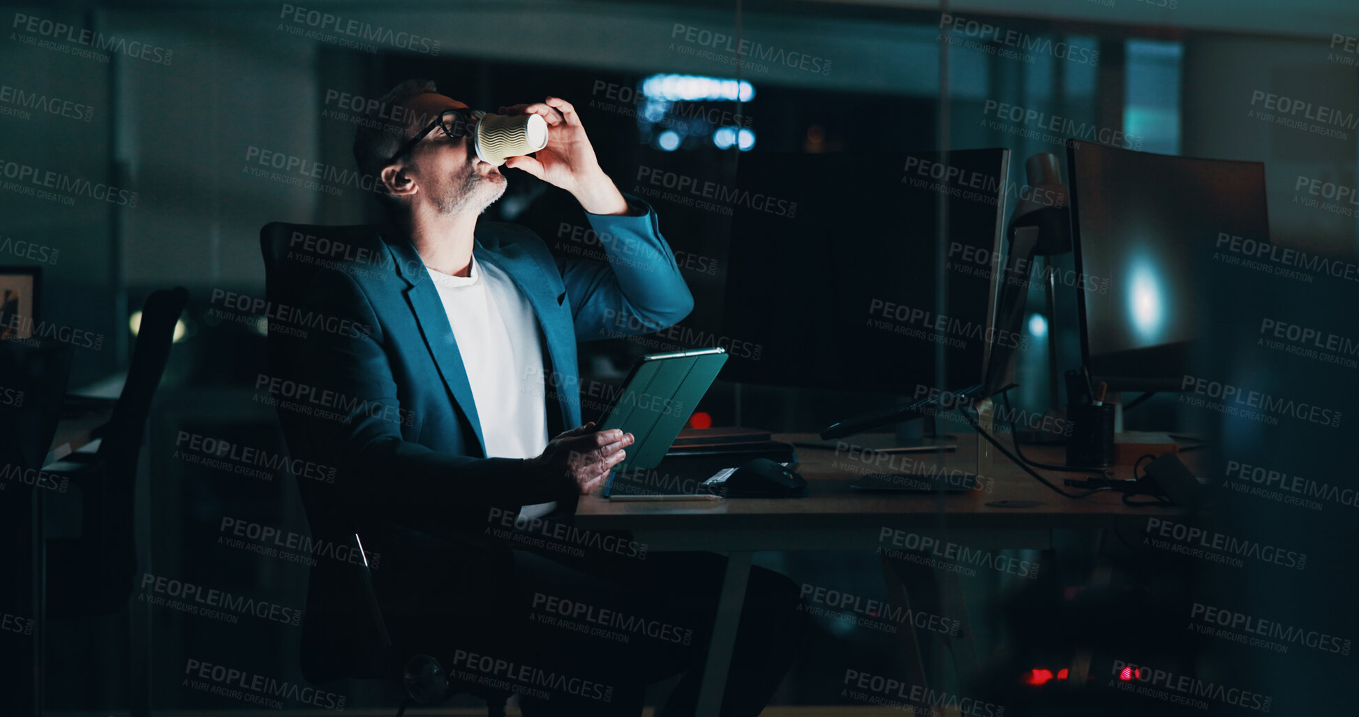 Buy stock photo Man, night coffee and tablet in office, financial consultant and online for trading deadline. Espresso, expert advisor and email international client for update on stock, working late and cappuccino