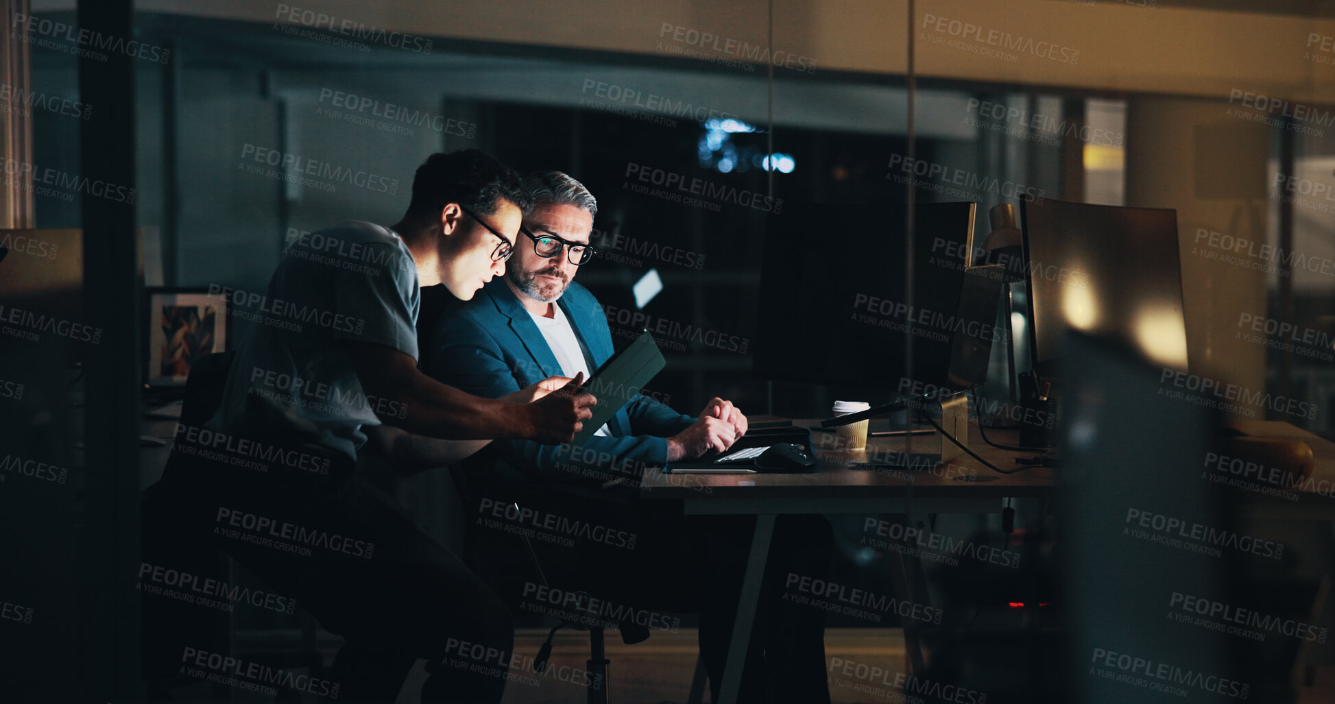 Buy stock photo Overtime, teamwork or business people on tablet for finance, economic news or investment growth. Mentorship, night or financial analyst on technology for research, stocks report or trading account