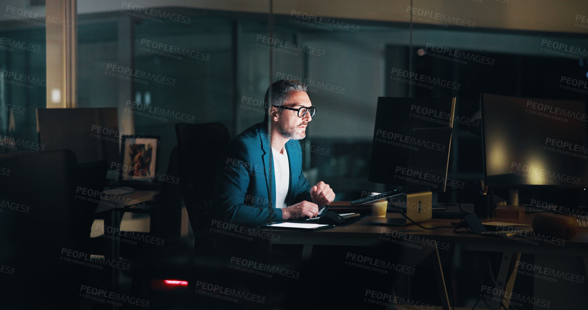 Buy stock photo Night, mature or businessman on computer for finance, economic news or investment growth. Banking security, overtime and financial analyst typing online for research, stock market or trading review