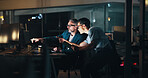 Overtime, teamwork or business people on computer for finance,, economic news or investment growth. Mentorship, night or financial analysts pointing to research, stocks report or account for deadline