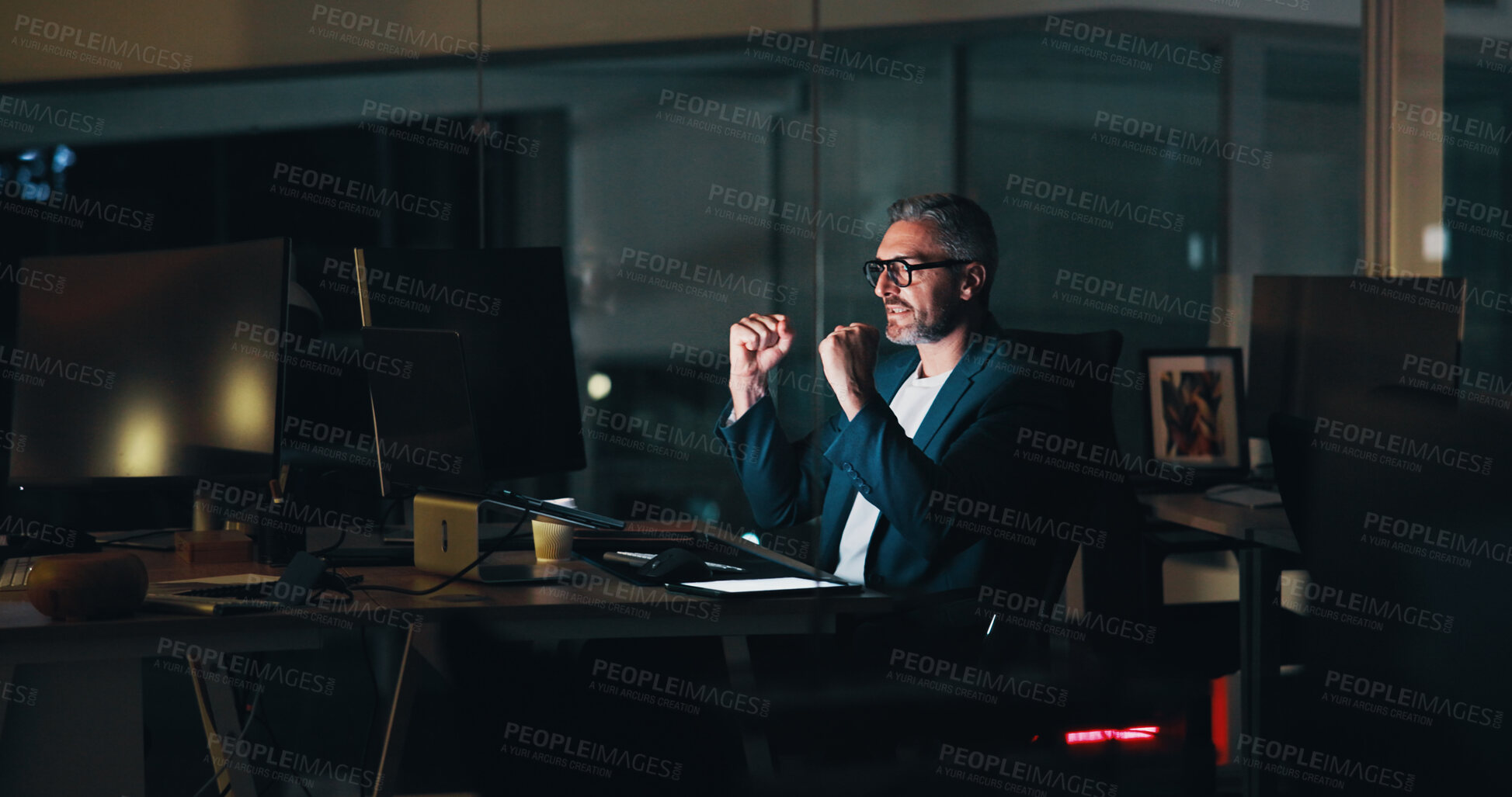 Buy stock photo Business, man or celebration with laptop in office for system update success, troubleshooting or software debug. Web developer, mature person and excited for website maintenance or UI design at night