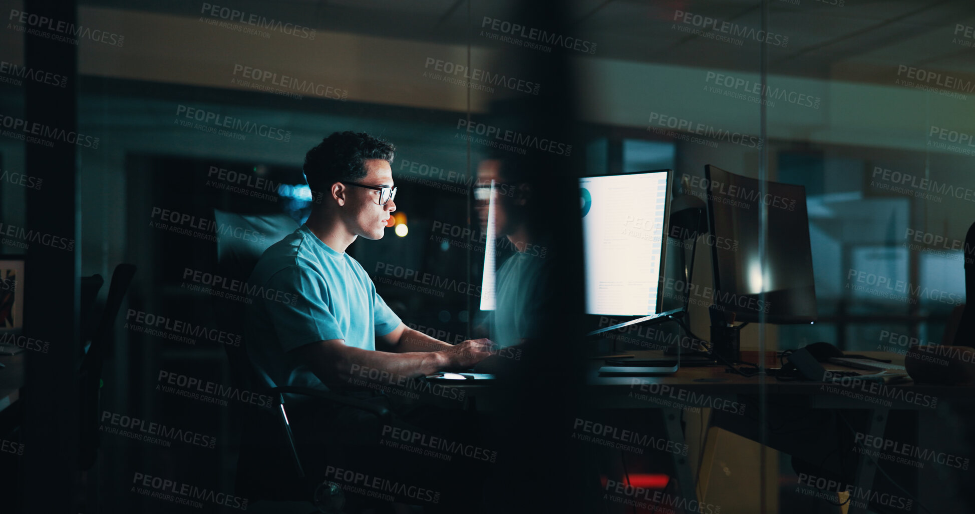 Buy stock photo Overtime, screen or man on computer for startup report, post deadline or online update research. Engagement, night or content strategist on monitor for digital marketing trends or social media growth