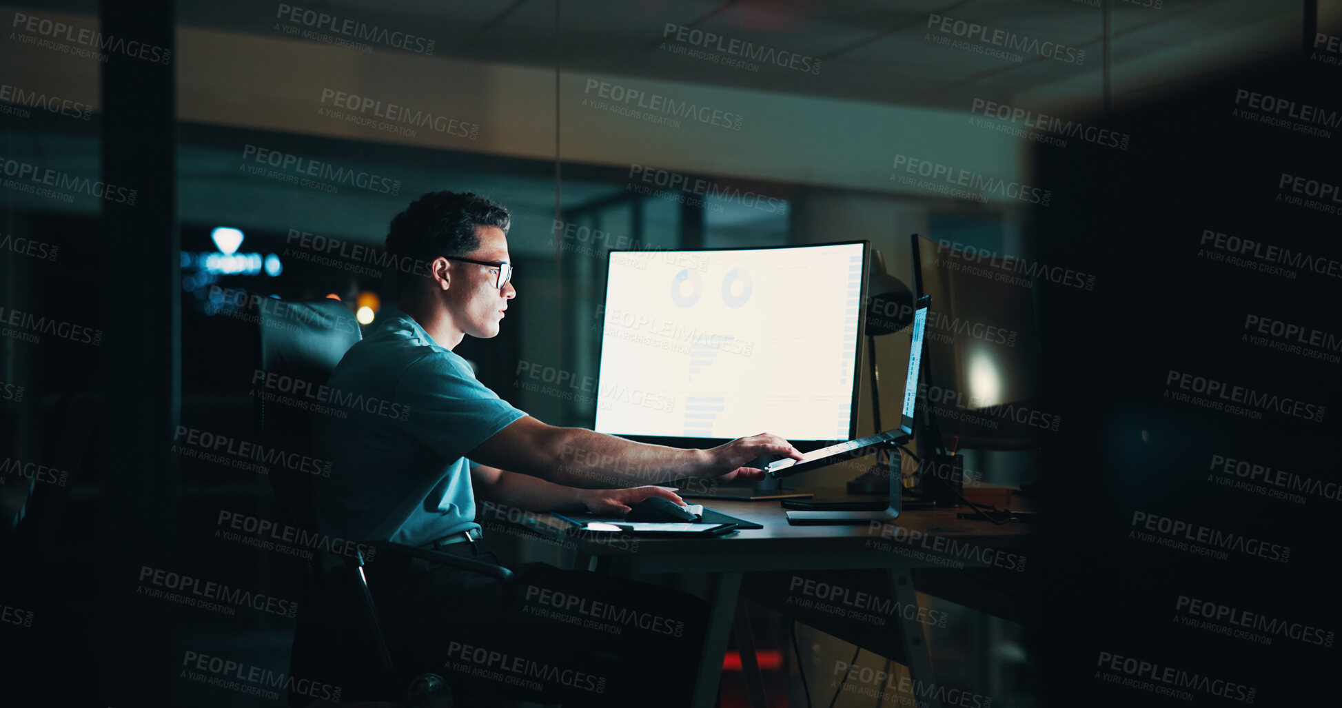 Buy stock photo Business, man and computer screen with laptop in office for trading algorithms, data analysis and growth charts. Night, employee and stats graph for investment revenue and financial report deadline