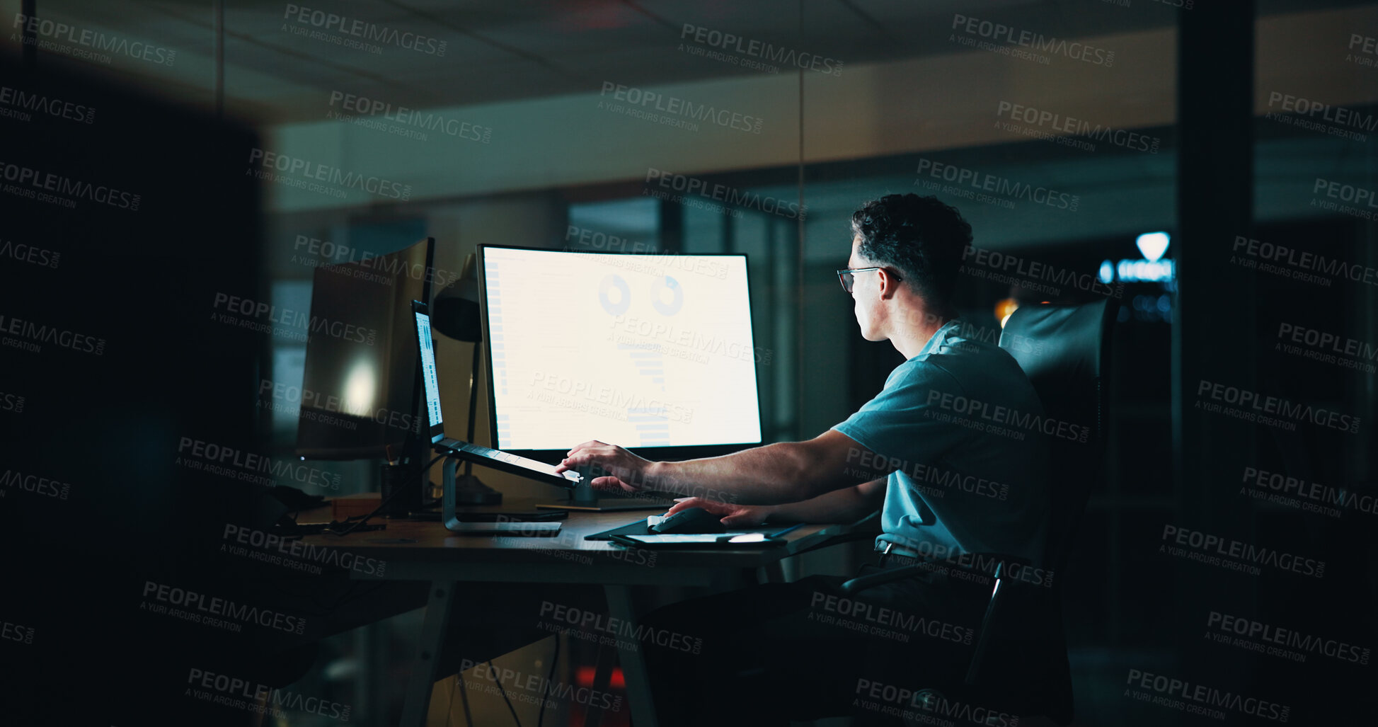 Buy stock photo Businessman, graphs and and computer screen with laptop at night for trading algorithms and data analysis. Employee, analyst and statistics chart for investment report and financial proposal deadline