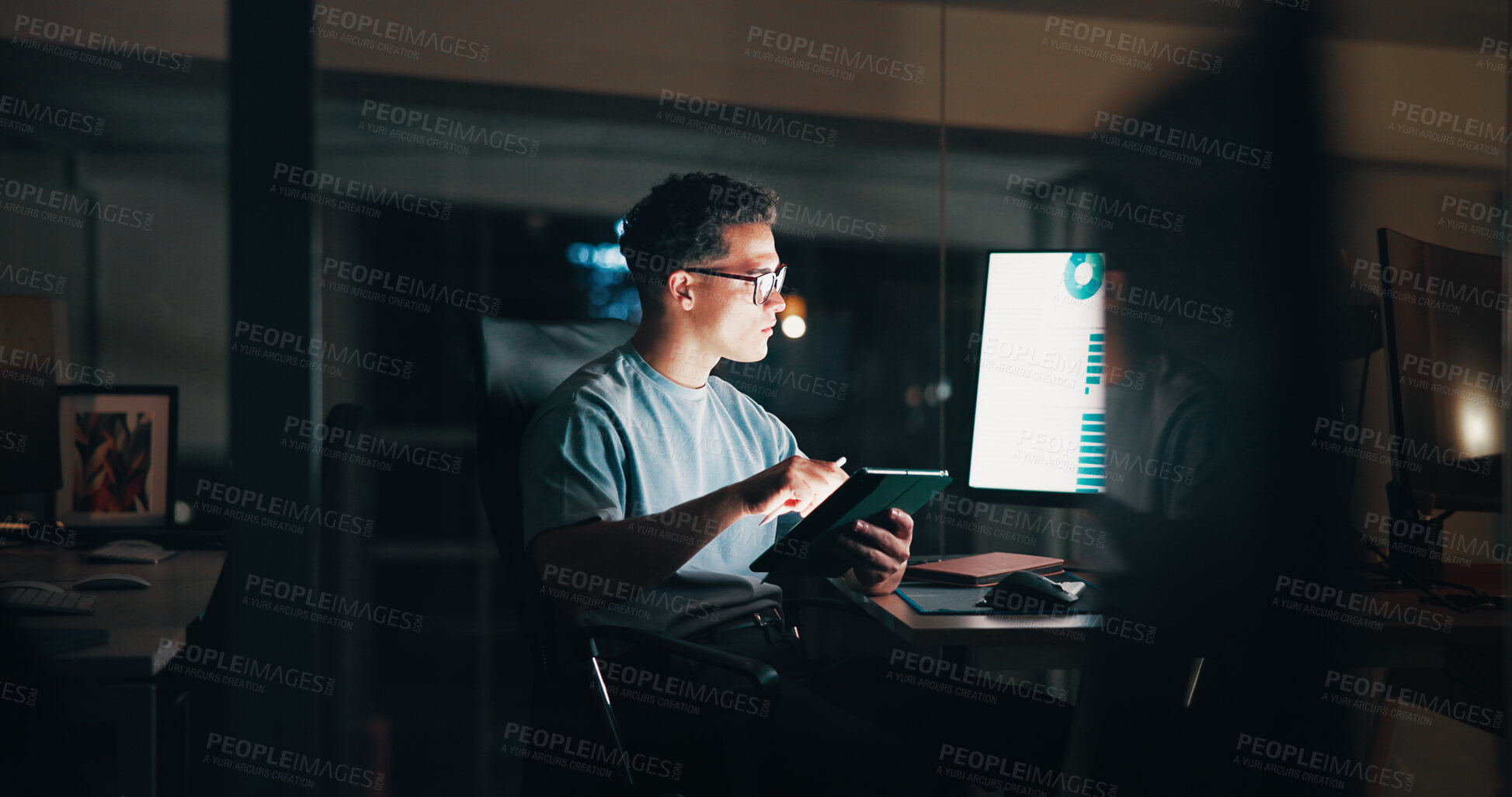 Buy stock photo Overtime, creative or man on computer for startup analytics report, deadline or online research. Engagement, night or content strategist on tablet for digital marketing trends or social media growth