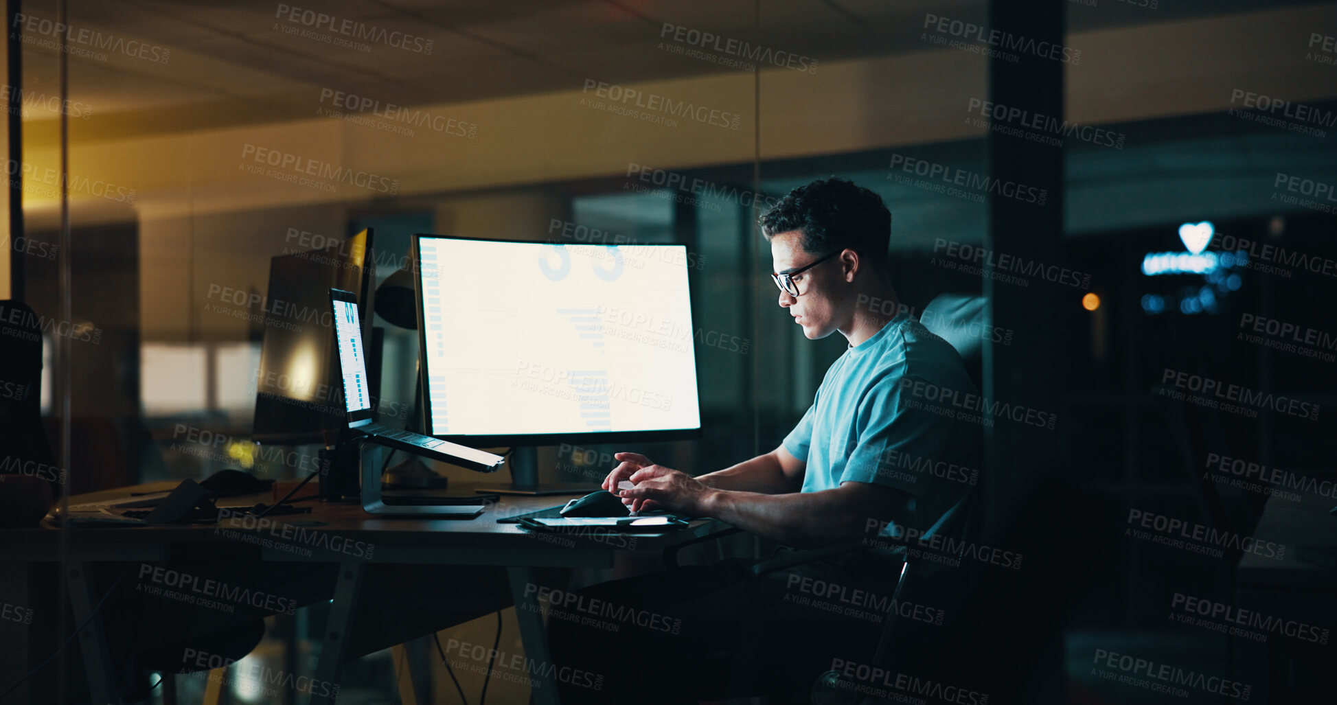 Buy stock photo Businessman, typing and computer screen with laptop at night for testing application, UI design and code review. Web developer, person and stats chart for industry trends or system update in office