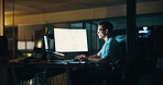 Business, man and computer screen with laptop at night for trading algorithms, finance planning or chart analysis. Employee, person or stats graph for investment revenue and financial report deadline