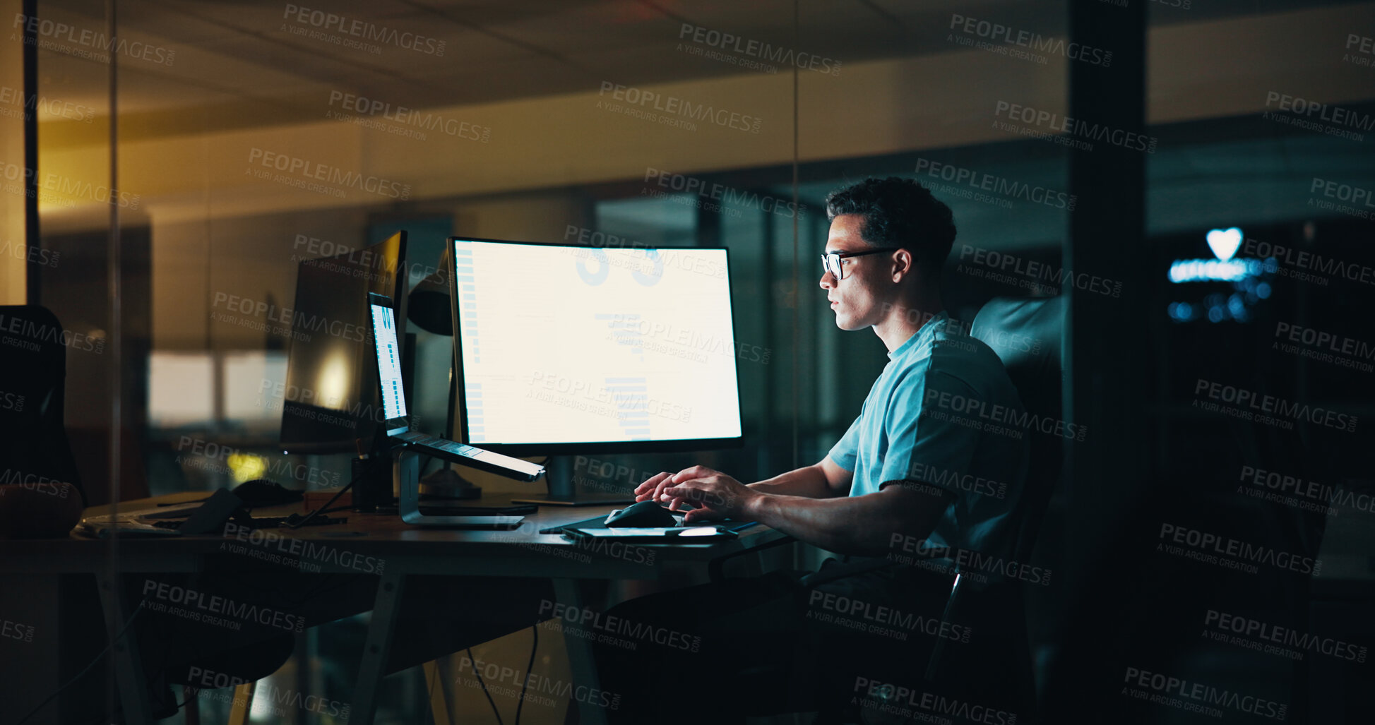 Buy stock photo Business, man and computer screen with laptop at night for trading algorithms, finance planning or chart analysis. Employee, person or stats graph for investment revenue and financial report deadline