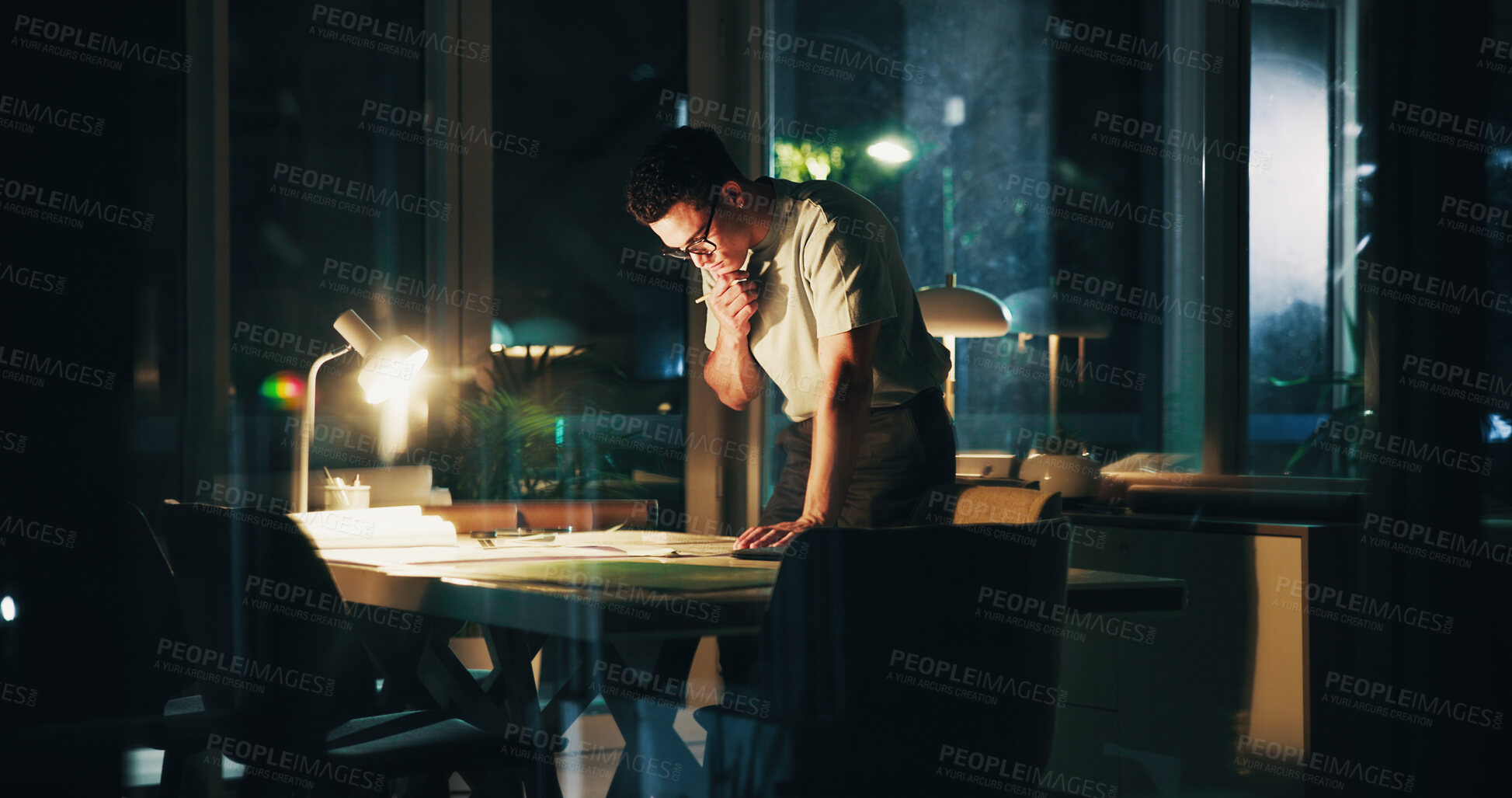 Buy stock photo Architecture, night and man in office thinking for urban planning, property design and floorplan. Creative agency, working late and architect with layout, blueprint and ideas for building project