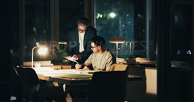 Buy stock photo Night, meeting and tablet for feedback, teamwork and overtime work for data analysis. Business men, mentor programmer and collaboration for web design, cloud computing or b2b networking deadline
