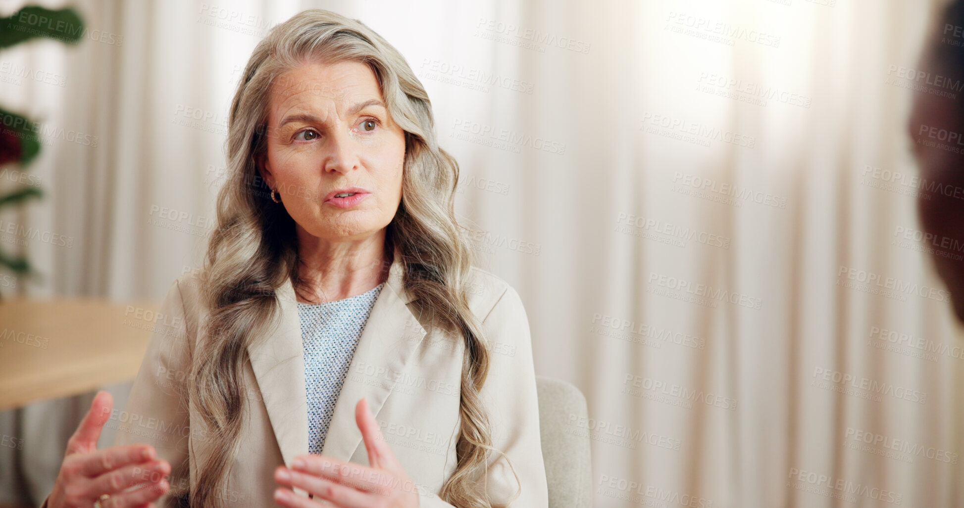 Buy stock photo Meeting, mentor and business woman in discussion for planning, learning and coaching intern. Mature manager, startup and training new employee, brainstorming or magazine editor explain creative ideas