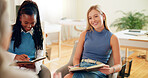Happy women, interns or listening with coach in meeting for learning, staff training or workshop at office. Female people, junior employees or mentor with students or smile for project discussion