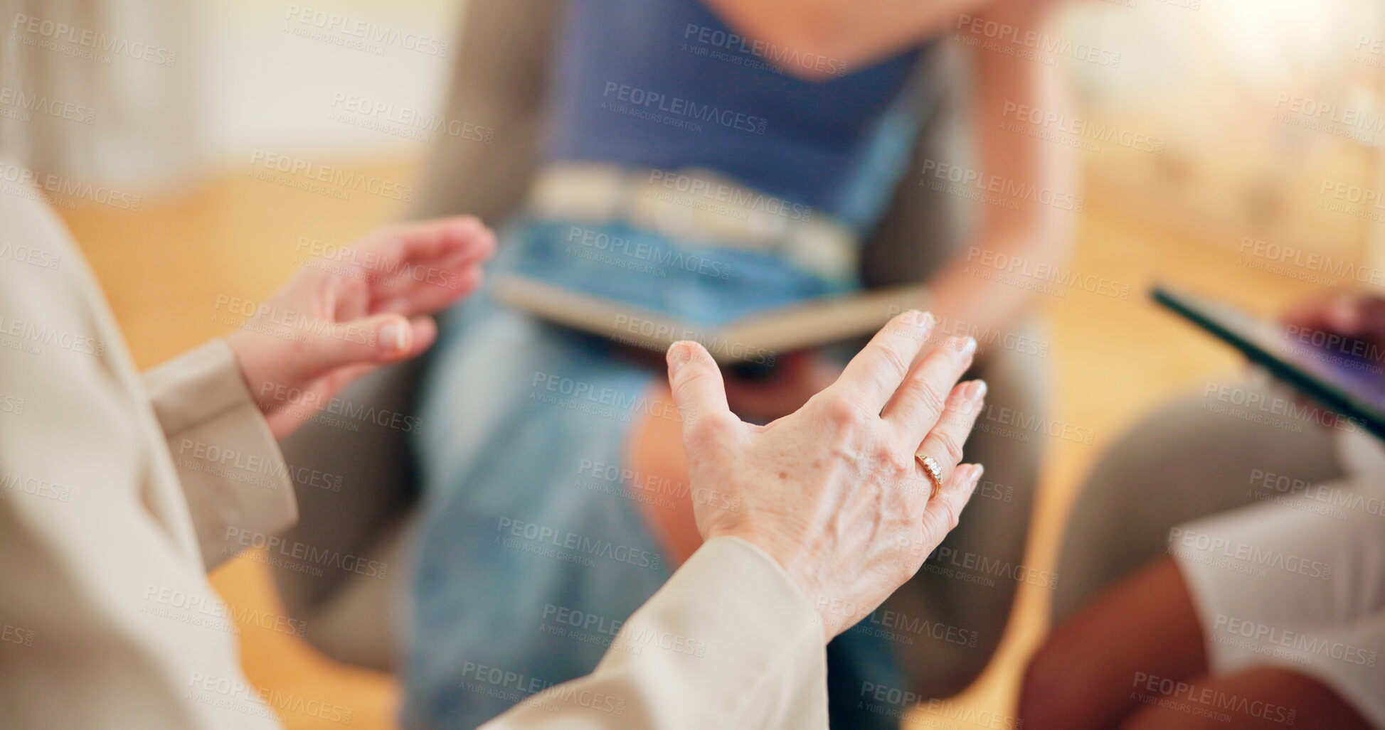 Buy stock photo Person, hands and therapist with meeting for therapy lesson, psychiatry course or session at office. Closeup, psychiatrist or mentor talking to employees for mental health advice, explanation or talk