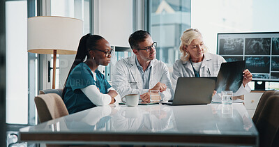 Buy stock photo Hospital, x ray and doctors on laptop in meeting for consulting, teamwork and medical advice. Healthcare, pulmonary clinic and man and women for collaboration, research or scan of patient diagnosis