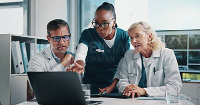 Buy stock photo Hospital, diagnosis and doctors on laptop in meeting for consulting, teamwork and medical advice. Healthcare, clinic and man and women on computer for collaboration, research and patient x ray